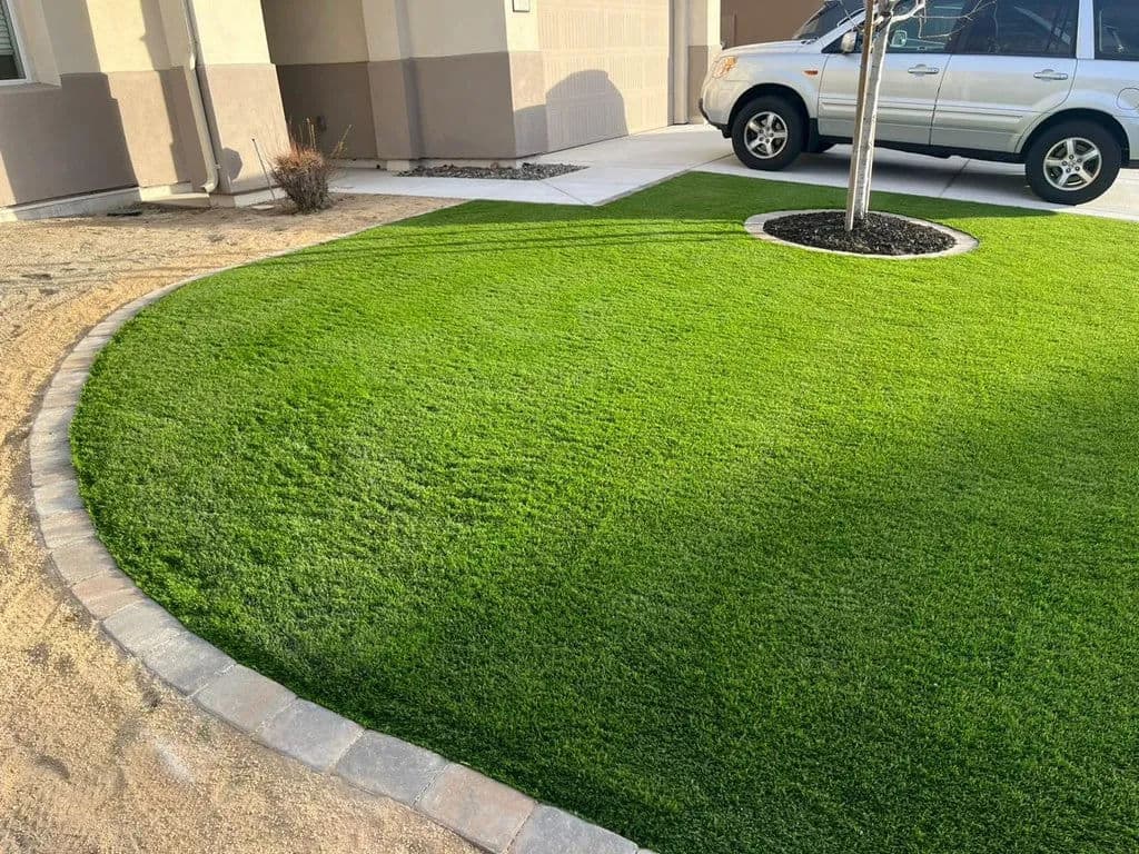 Lush green lawn with landscaped edge and parked vehicle in residential area.