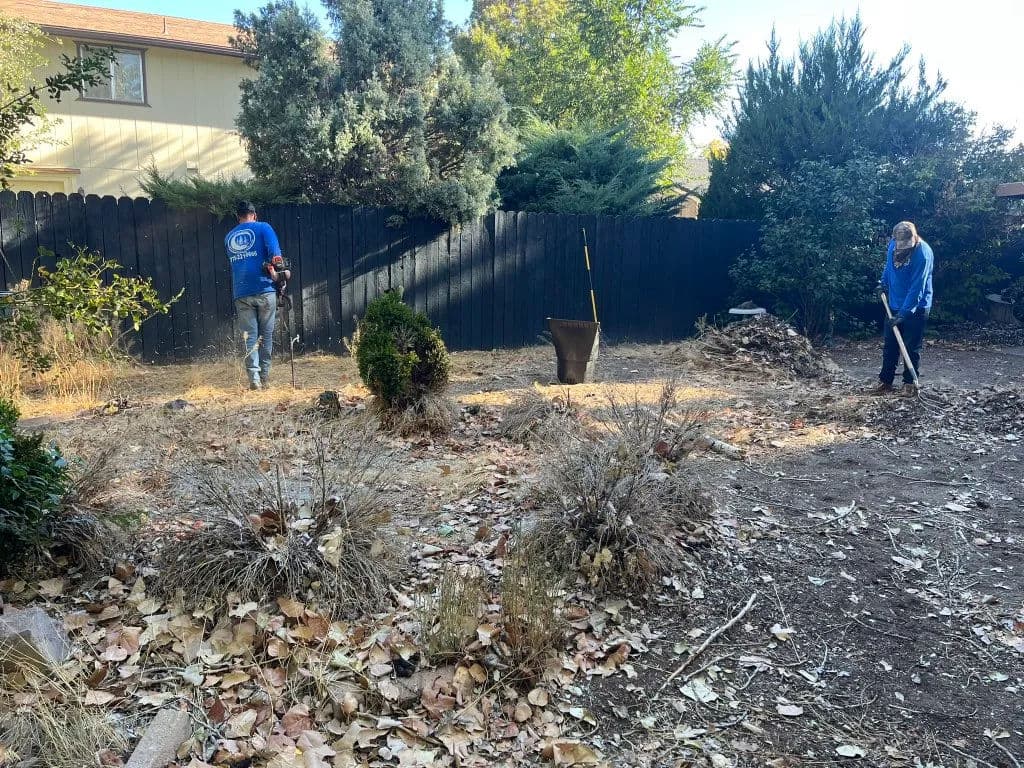 Two people clearing debris in a backyard with tools, surrounded by autumn foliage.