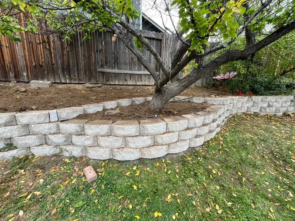 Retaining wall around a tree in a backyard garden with grass and wooden fence.