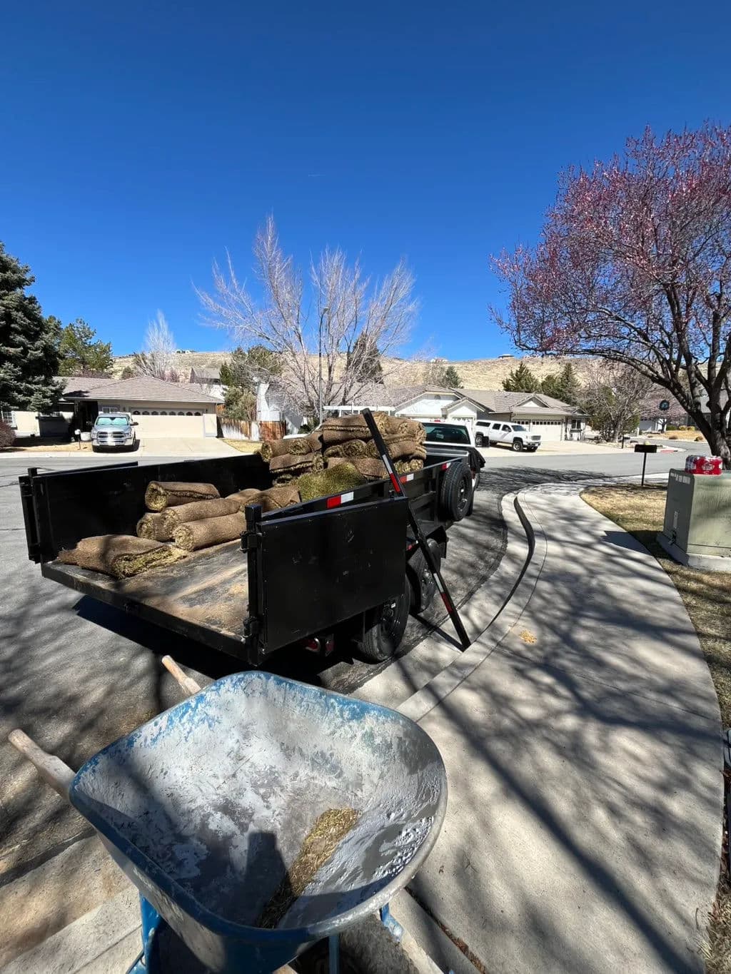 Lawn installation truck unloading sod rolls on a residential street under a clear blue sky.